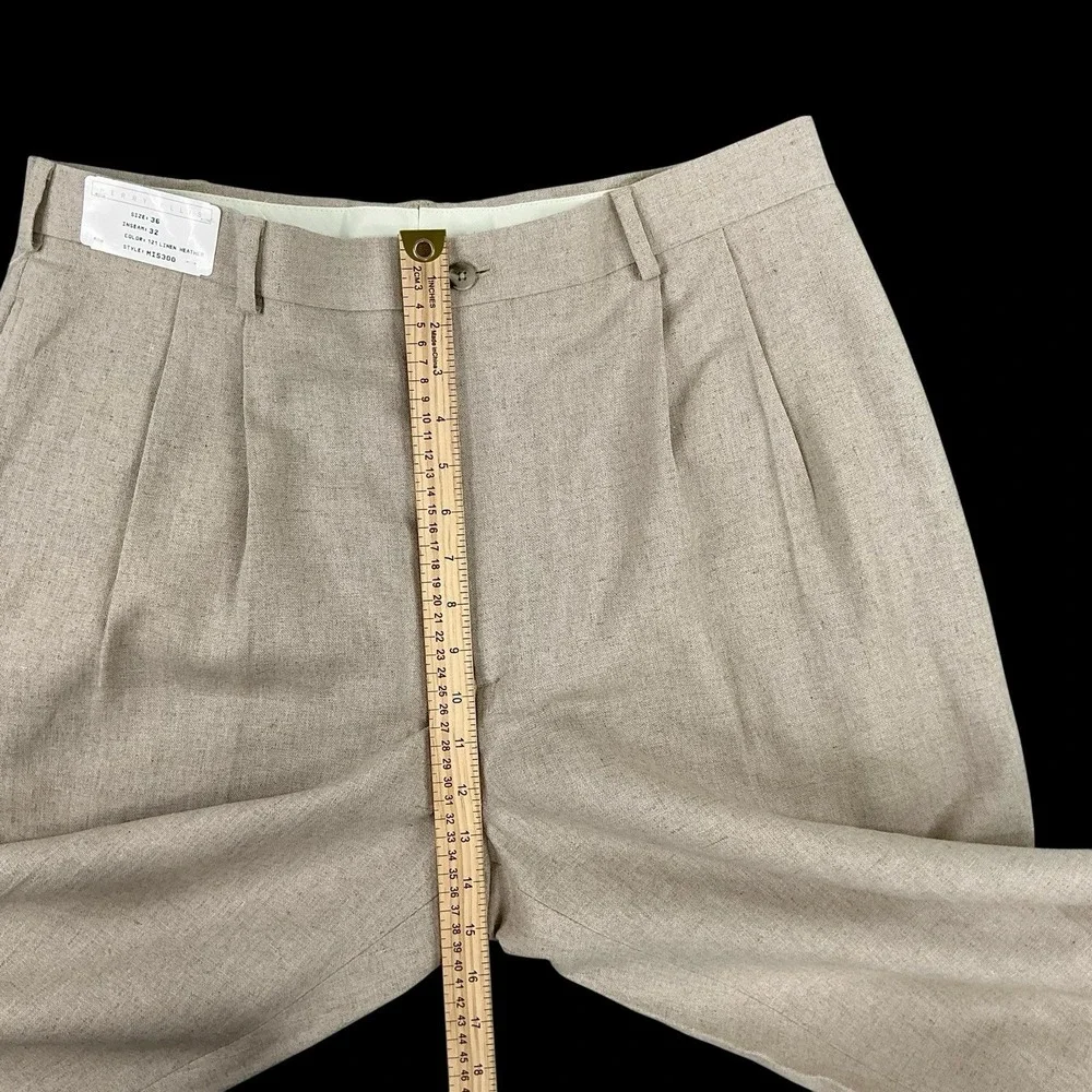 Perry Ellis Pants Men 36x32 (ACTUAL 35x31.5) Beige Linen Cuffed Pleated VTG NEW
